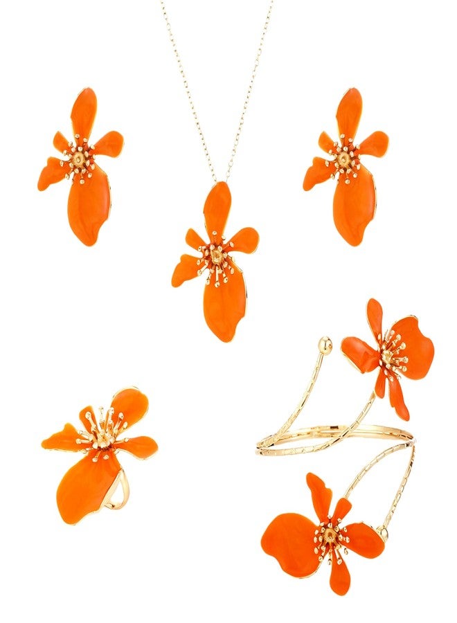 Thalireth 4PCS Gold Orange Flower Cuff Arm Bracelets Upper Arm Earrings Hibiscus Necklace Chunky Ring Fall Summer Orchid Hibiscus Jewelry Set For Women Thankgiving Fall Birthday Gift - Image 1